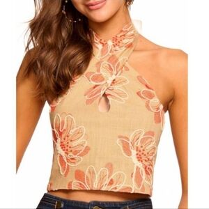 Ramy Brook - Harlow Embroidered Halter Crop Top Natural Fleur Size 6 NEW